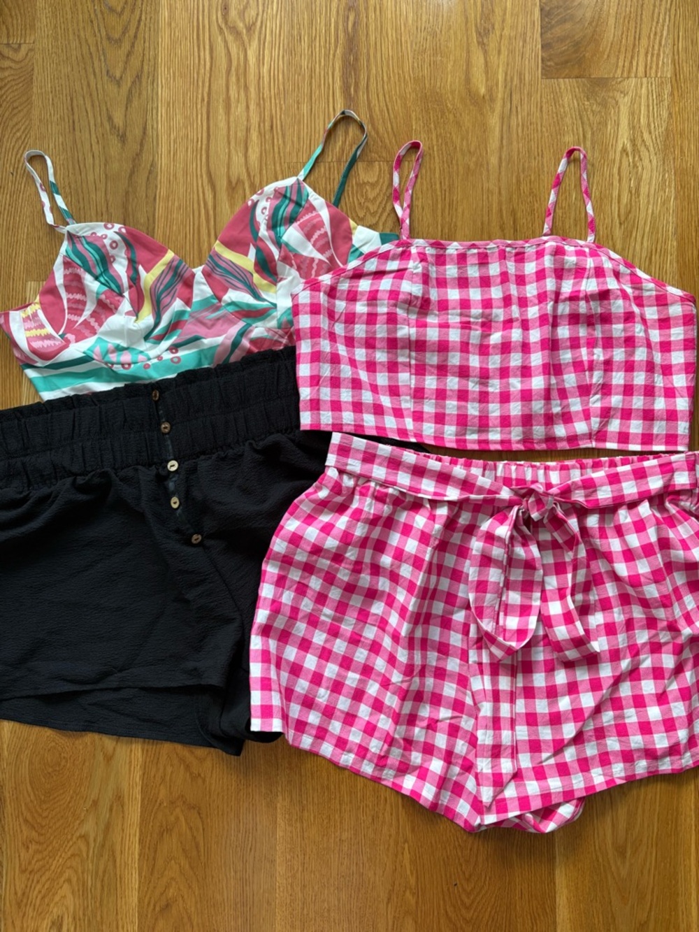 SHEIN Curve Bundle - Pink Gingham Set, Black Swing Shorts, Bra Top (Size 1X)